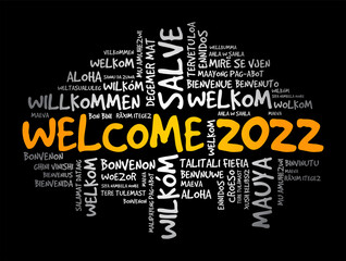 WELCOME 2022 word cloud in different languages, conceptual background