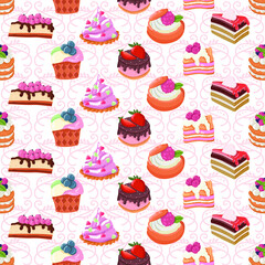 seamless patterns vector cakes and candies. Bright pattern of sweets for packaging paper and fabrics. Vector ornament for decoration of the holidays.