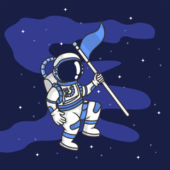 Astronaut cartoon holding flag in space