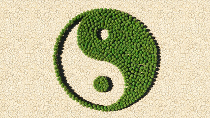 Concept or conceptual group of green forest tree on dry ground background as sign of chinese symbol of Yin-Yang, opposing and complementary. 3d illustration metaphor for taoism, meditation and balance