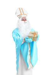 Portrait of Saint Nicholas with present on white background