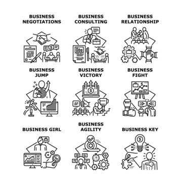 Business Relation Set Icons Vector Illustrations. Business Relationship And Negotiations, Girl Jump And Consulting, Fight And Victory, Agility And Key. Businesspeople Occupation Black Illustration © vectorwin