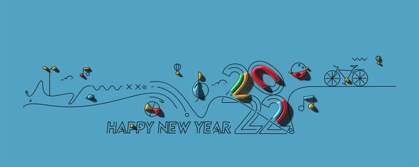 Fototapeta na wymiar 3D Render Happy New Year 2022 Text Typography Design.