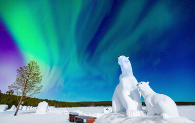 Arctic polar bears against background of aurora borealis and night starry sky. Concept Northern Lights travel banner - obrazy, fototapety, plakaty