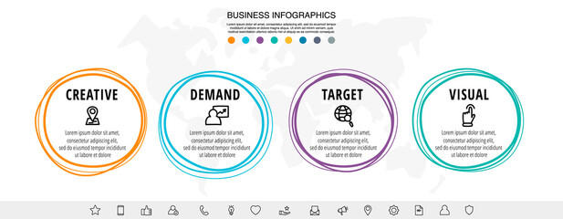 Drawn vector line infographics with four circles and icons. Flat chart process template with 4 steps. Sketch timeline for business project, presentation, web, diagram