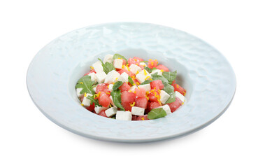 Delicious salad with watermelon, arugula and feta cheese isolated on white
