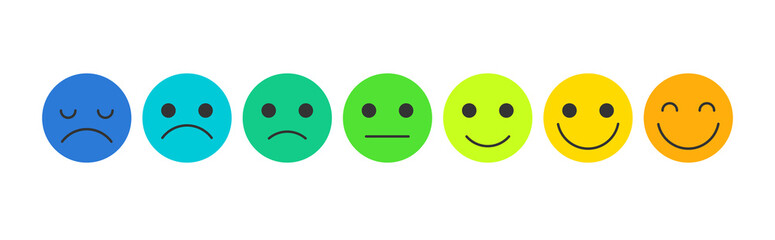Set of smiley faces. Mood tracking icons, blue to orange. Flat vector isolated on white. - obrazy, fototapety, plakaty