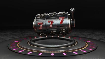 777 Slot Machine With Fruit Icons. Jackpot And Fortune. Luxury Slot Machine Concept - 3D Illustration