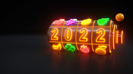 Casino Gambling Concept With 2022 Year, Jackpot And Fortune Slot Machine With Fruit Icons. Slot Machine With Neon Lights - 3D Illustration