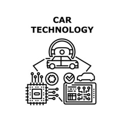 Car Technology Vector Icon Concept. Digital Computer Chip And Audio Music System Car Technology, Modern Automobile Electronic Equipment For Comfortable Journey And Driving Black Illustration