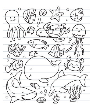 various sea animals doodle