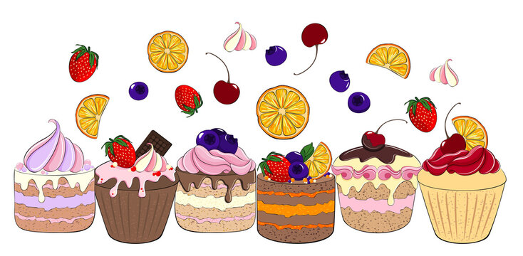 Cupcakes, cupcakes with fruits and berries. Sweet dessert in vector on a white background..
