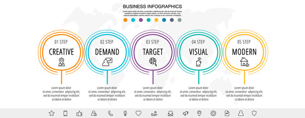 Drawn vector line infographics with 5 circles and icons. Flat chart process template with five steps. Sketch timeline for business project, presentation, web, diagram