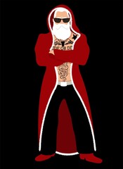 Vector vertical card poster on a black background. Bad cool old santa claus with tattoos and a beard in a fur coat with a hood in full growth. Sunglasses, confident posture. Illustration