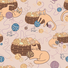 Seamless vector pattern illustration card of cartoon cat playing with ball of threads and a basket in pastel tones