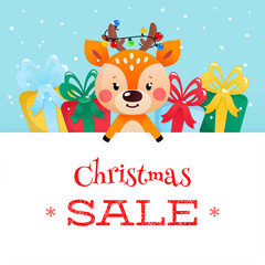 Christmas sale banner with a with a cute deer. Winter background with gift boxes and a little deer holding a big signboard on background of snowfall. Vector illustration 10 EPS.