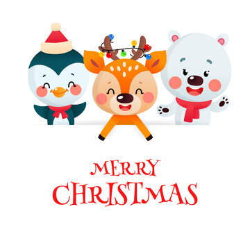 Cute Merry Christmas card with cartoon characters. Winter backdrop with a funny little deer, a penguin and a polar bear with a big signboard on a white background. Vector illustration 10 EPS.