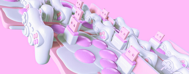 Minimalistic stylized collage banner art.  3d render game pads and abstract objects.