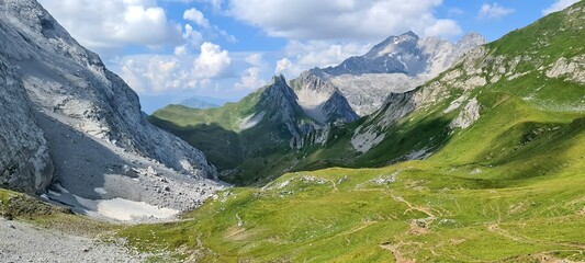 Mountain panorama of the Ratikon Alps during a hike across Austria and Switzerland.