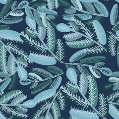 Vector seamless pattern colorful design with decorative Christmas fir tree branches in blue tones
