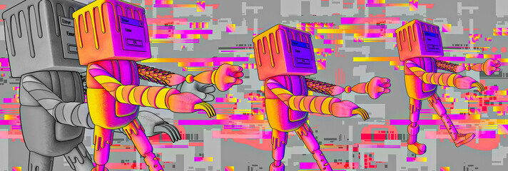 Minimalistic stylized collage banner art. 3d funny character Robots Error. Computer technologies,  gaming concept