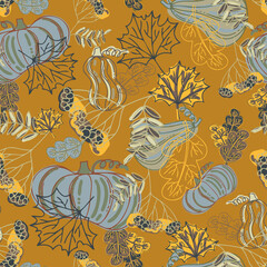 Seamless vector pattern of decorative autumn botanicals pumpkins and leaves in pastel orange and green tones