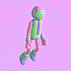 Minimalistic stylized collage art. 3d funny astronauts characters in creative pink space. Gaming concept