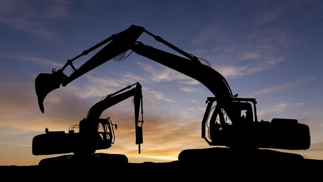 Excavator in construction site on sunset sky background. Timelapse.