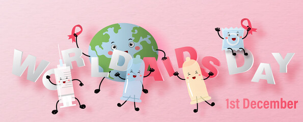 Cute condom and syringe in cartoon character dancing on World AIDA day letters with global in cartoon character holding a red ribbon on pink paper pattern background.