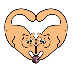 vector doodle of two cats in the shape of a heart, isolated