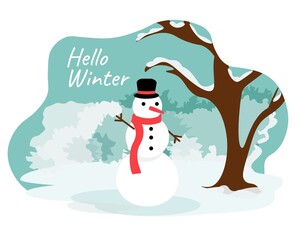 A snowman in a hat and a scarf, with a carrot nose, stands in the park and waves with a twig. Wish you a happy winter. A lot of snow, trees, bushes, winter landscape. Text Hello Winter. Vector