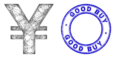 Net irregular mesh Japanese Yen icon with Good Buy corroded round stamp seal. Abstract lines form Japanese Yen illustration. Blue stamp has Good Buy title inside round form.