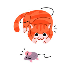 A cat is playing hunting with a mouse doll. Cute yellow cat illustration.