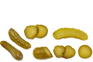 marinated pickled cucumbers with slices isolated on white background. Clipping path and full depth of field. Top view