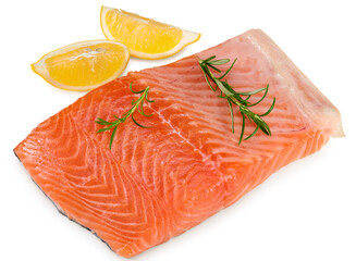 Red fish. Raw salmon fillet with rosemary and lemon isolate on white background. Clipping path and full depth of field. Top view