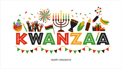 Fototapeta Vector illustration of Kwanzaa. Holiday african symbols with lettering on white background. obraz