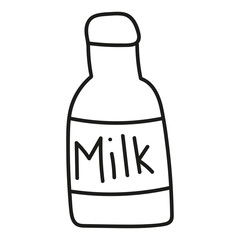 vector doodle milk bottle with inscription, cartoon isolated