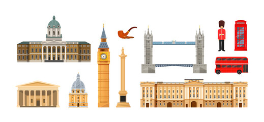 England British UK traditional set. Great Britain ethnic cultural elements Big Ben, Trafalgar square - obrazy, fototapety, plakaty