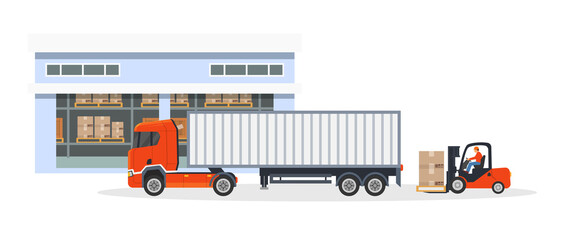 Loading and unloading parcel warehouse. Delivery logistics truck and forklift putting freight boxes © Idey