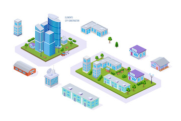 Elements city construction infrastructure isometric set. Town map district cityscape exterior