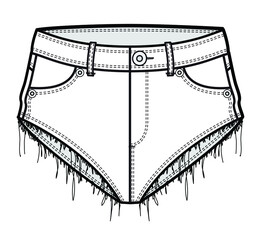 women ripped raw hem denim short pant cutoffs jeans fashion flat sketch vector illustration - obrazy, fototapety, plakaty