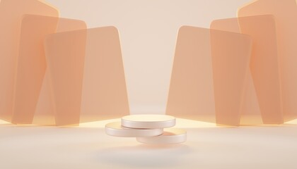 Round step podium on background abstract geometric rectangle figures. Empty beige stage, stone platform or pedestal for display product. Luxury studio in pastel colors, 3d render illustration