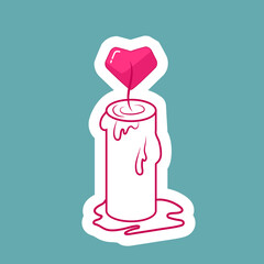 love candle sticker with flame, heart on wick, wax drips, valentine's day gift
