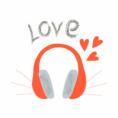 Headphones with red cord and word Love. Card. Flat design. White background. Vector illustration.