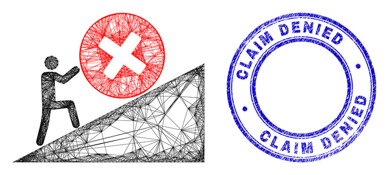 Net irregular mesh man rolling rejection up icon with Claim Denied rubber round seal print. Abstract lines form man rolling rejection up picture. Blue seal includes Claim Denied tag inside round form.