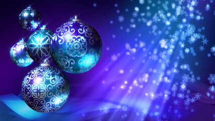 Christmas 3D background. Xmas decorations and falling snowflakes. Also available as an animation - search for 197546027 in Videos. Blue, purple and turquoise.