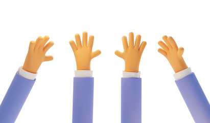 Obraz premium Cartoon hands raised up in different angle view, isolated on white background. Funny business arms in blue jacket with open palm and five fingers, 3d render illustration