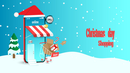 Christmas day sale giving gifts on happy new year.  Shop on mobile phone application of shopping online.  Vector store on phone buy in digital market.