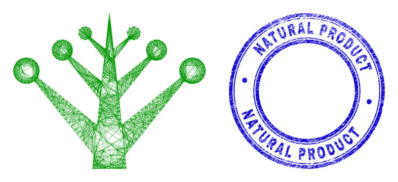 Network irregular mesh garden tree icon with Natural Product corroded round stamp. Abstract lines form garden tree picture. Blue stamp seal contains Natural Product caption inside round form.