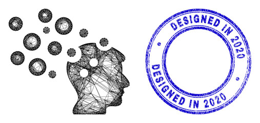 Wire frame irregular mesh imagination icon with Designed in 2020 grunge round seal. Abstract lines form imagination illustration. Blue stamp seal includes Designed in 2020 tag inside round form.